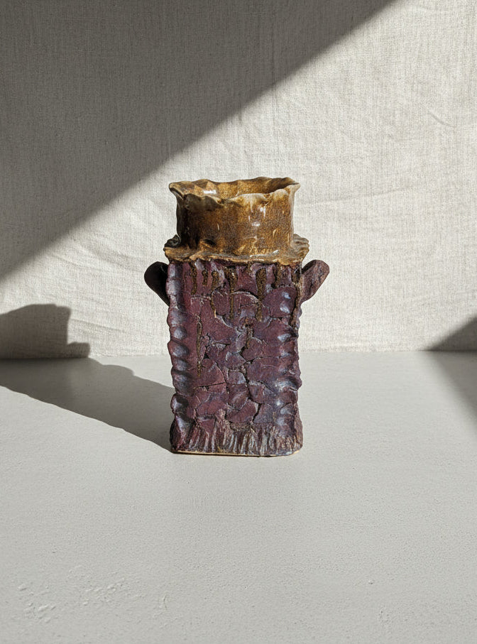 Vintage Rustic Pottery Vase, Signed "Rikki" with textured details and sturdy handles, perfect for rustic decor. hommes + gardens estudio.