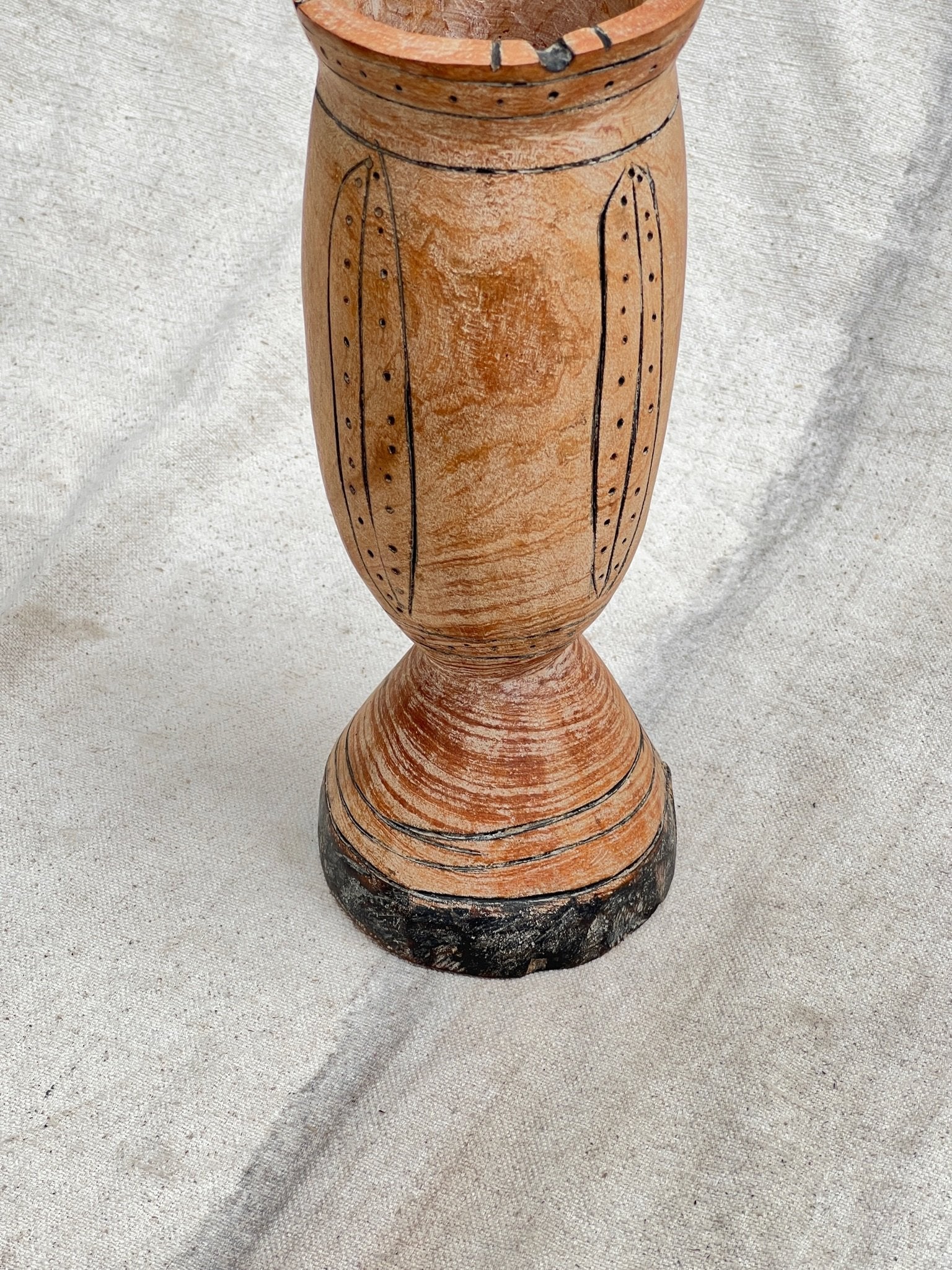 Pair of Vintage Wooden Goblets with Hand Carved Primitive Illustrations, featuring engraved designs and vintage character. hommes + gardens estudio.