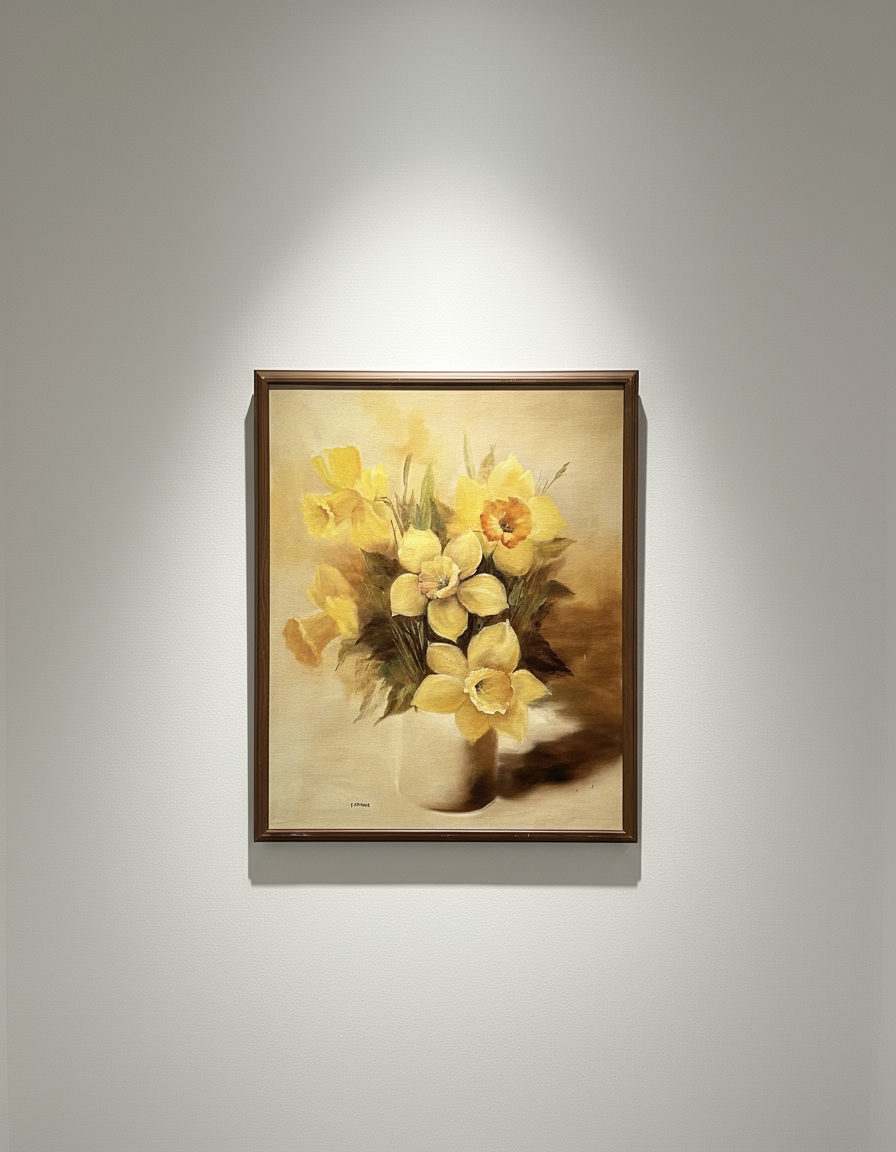 Vintage signed floral still life painting featuring yellow flowers in a vase. hommes + gardens estudio.