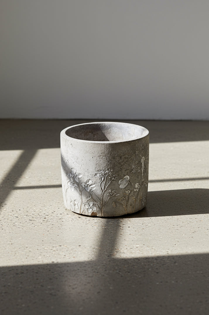 Vintage small floral etched concrete planter, handcrafted with elegant garden motif and natural stone texture — Hommes and Gardens, Pots + Vessels Collection, Landscape Architect, Interior Designer, Outdoor Living, Outdoor Decorations, Home Decor, Home Design, Luxury Design, Art, Furniture, Objects, Best Gifts, Nature, Backyard, Yard.