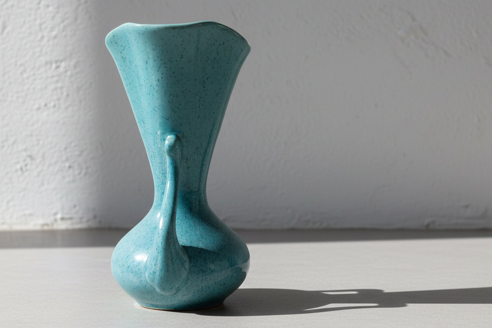 Teal two handled Flower Vase - Red wing pottery with mottled glaze and elegant ruffled top, perfect for home decor. hommes + gardens estudio.
