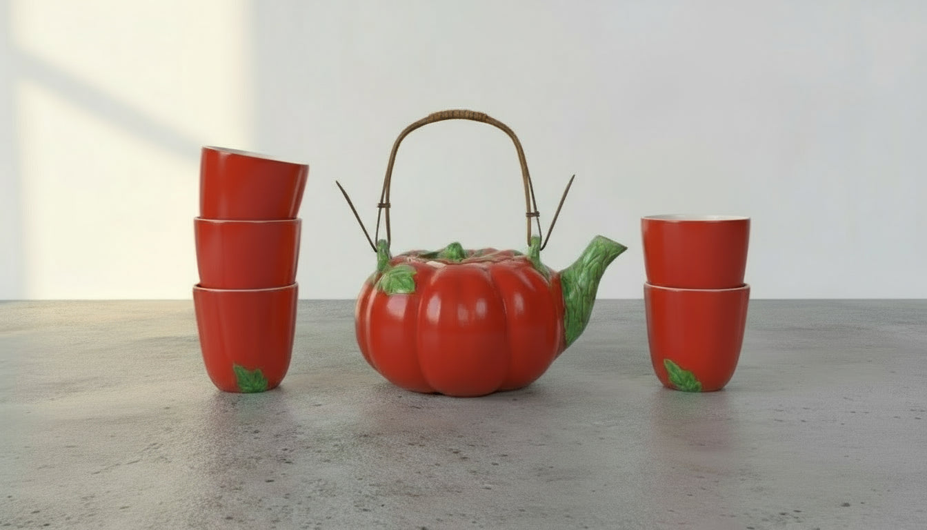 Vintage Tomato Tea Set, Teapot, and 5 tea glasses with playful tomato design, perfect for whimsical tea gatherings. hommes + gardens estudio.