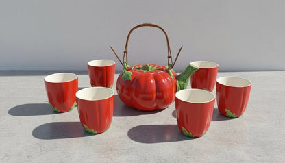 Vintage tomato tea set with teapot and six tea glasses, featuring playful tomato motifs and bright red design for a charming retro kitchen display — Hommes and Gardens, Home Decor Collection, Tea Sets, Decorative Objects, Art Pottery, Vintage Kitchenware, Retro Dining Decor, Collectible Ceramic Tableware, Playful Home Styling.