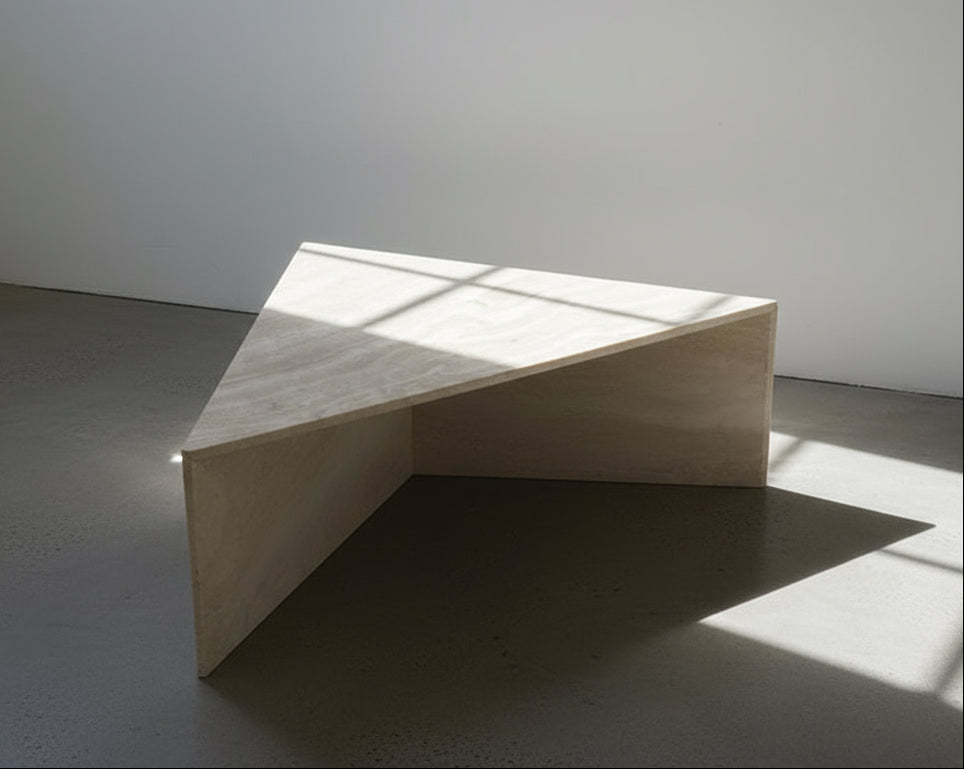 Vintage Travertine Marble Corner Table showcasing elegant design and luxurious marble finish in a chic setting. hommes + gardens estudio.