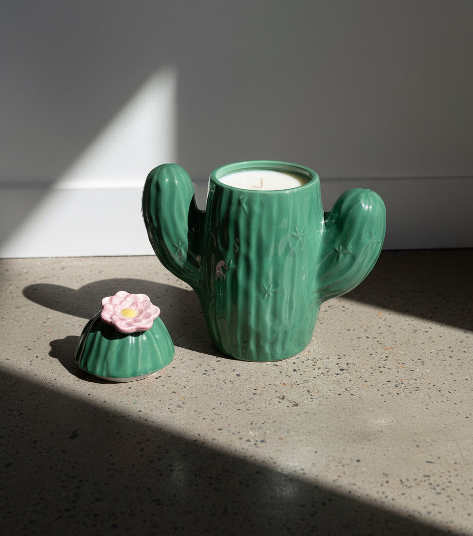 Vintage Saguaro Cactus With Pink Bloom Cookie Jar by Treasure craft showcasing a whimsical cactus design for kitchen decor. hommes + gardens estudio.