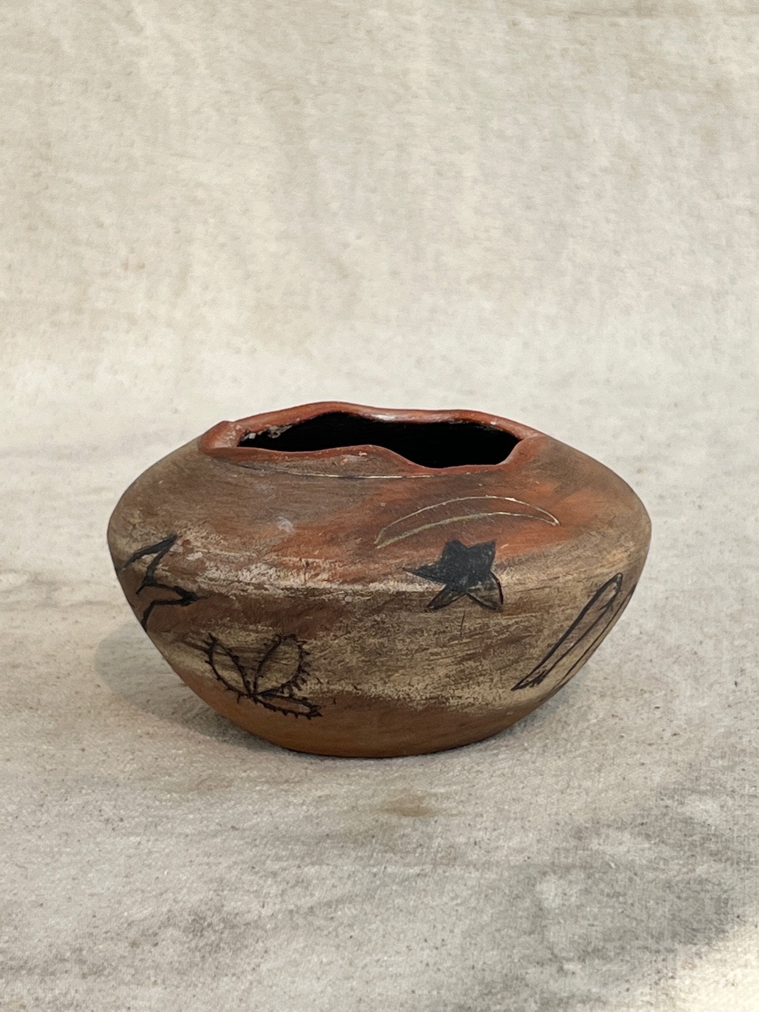 Vintage Clay Vase with Primitive Drawings (Signed) featuring weathered surface and animal art, 5.5” L x 5.5” W 3” H. hommes + gardens estudio.