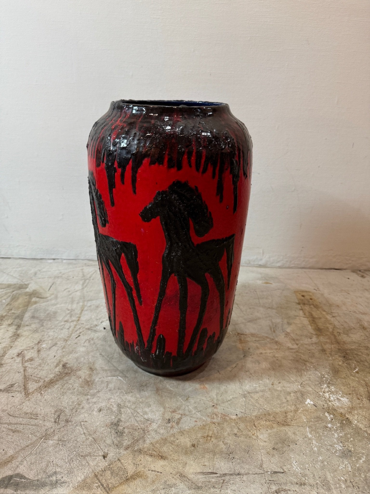 West German Red Fat Lava Horses Vase by Scheurich, 1960s in bold red with black horse motifs. hommes + gardens estudio