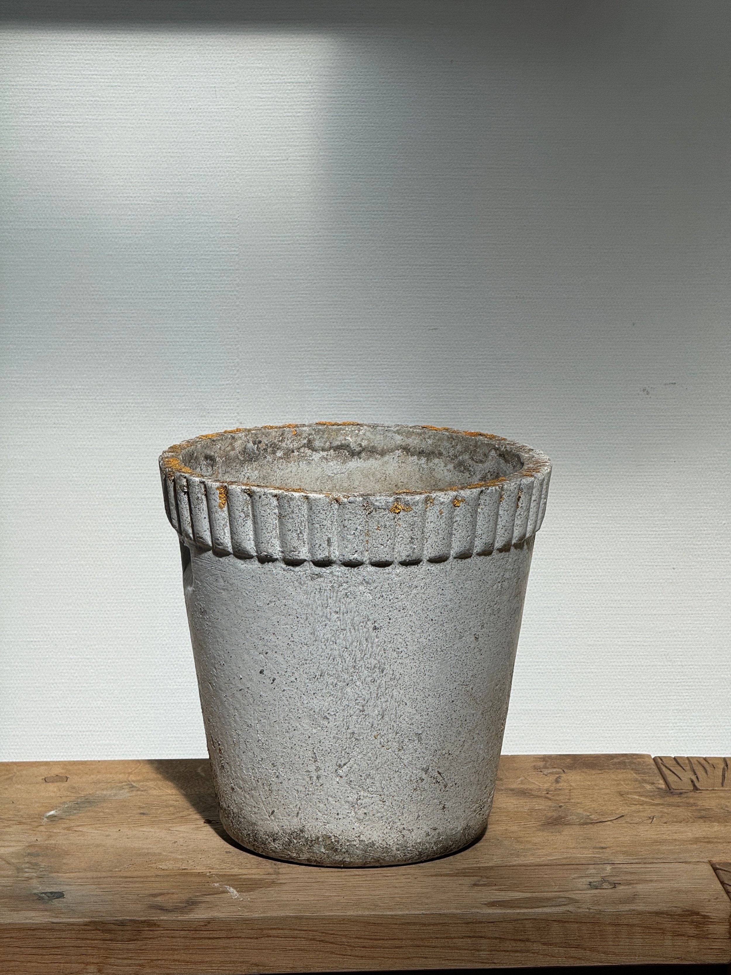 Willy Guhl Flower Pot displayed on a wooden surface, showcasing its minimalist cement design. hommes + gardens estudio