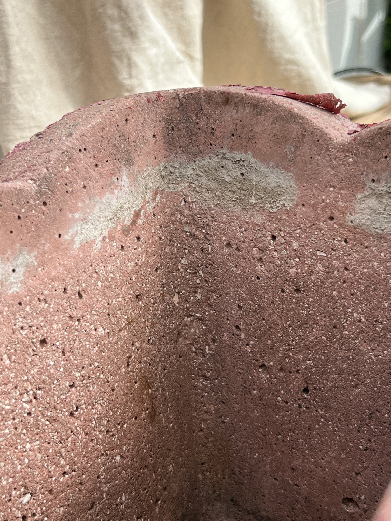 Close-up of the textured surface of the Willy Guhl Vintage Red Planter, showcasing its unique patina. hommes + gardens estudio.