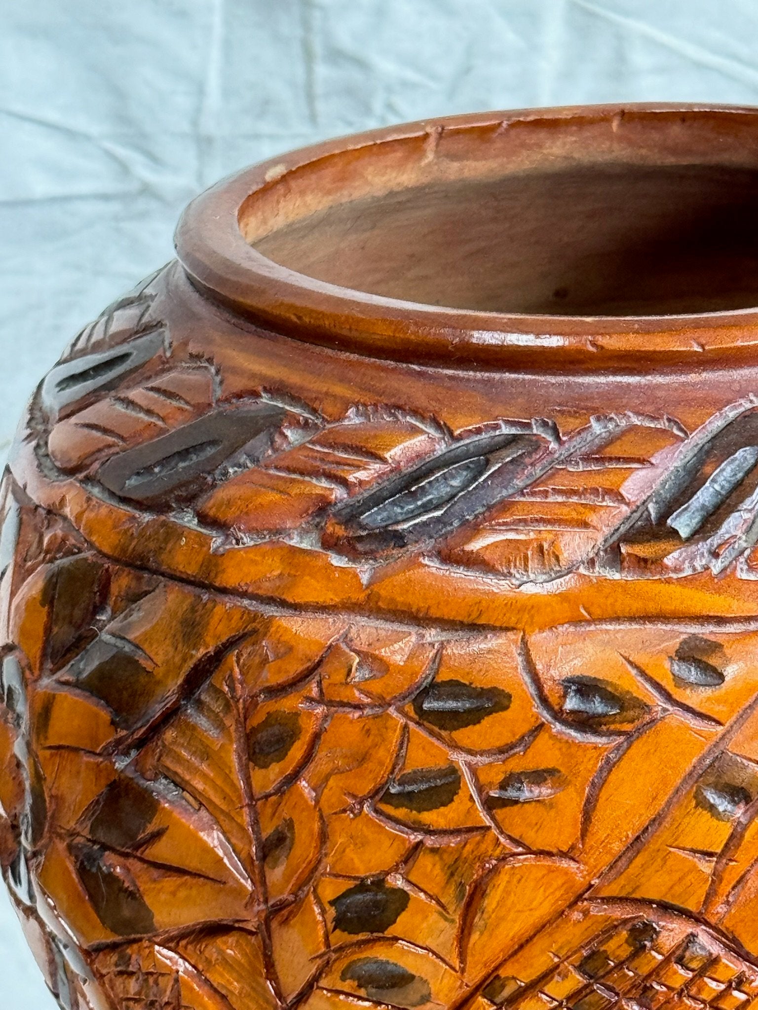 Vintage Arts and Crafts Hand Carved Wooden Lidded Vessel with intricate details, showcasing exquisite craftsmanship. hommes + gardens estudio.