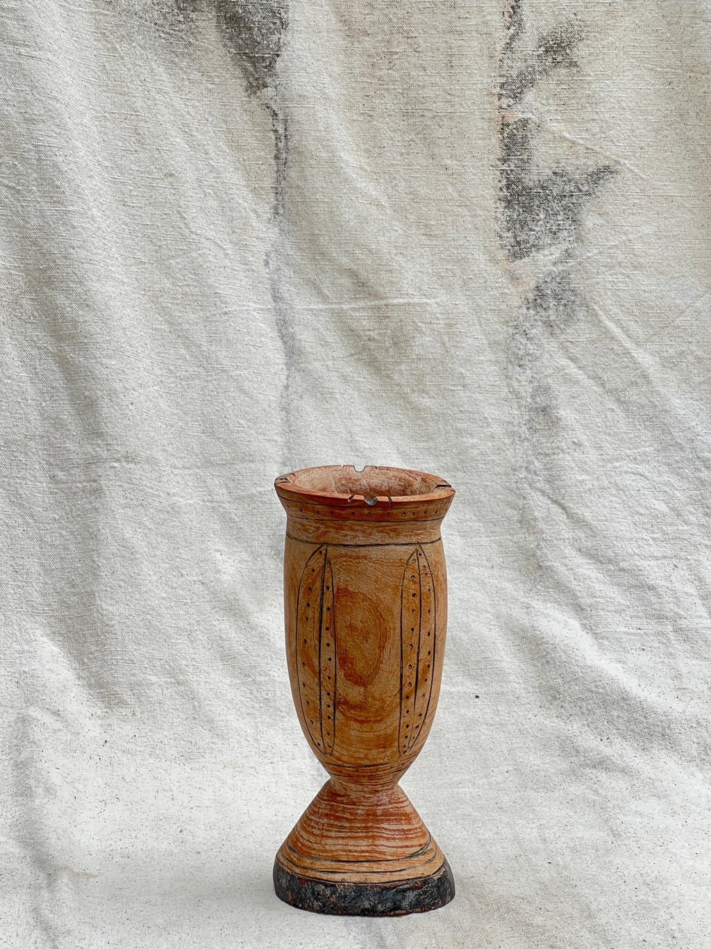 Pair of Vintage Wooden Goblets with Hand Carved Primitive Illustrations, featuring primitive-style engravings. hommes + gardens estudio.