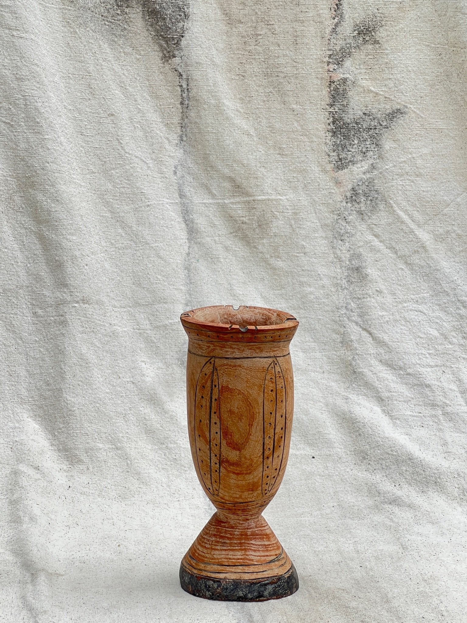 Pair of Vintage Wooden Goblets with Hand Carved Primitive Illustrations, featuring primitive-style engravings. hommes + gardens estudio.