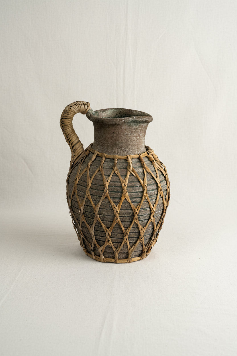 Vintage Woven Rattan Wrapped Vessel showcasing rustic charm and artisanal skill, perfect floor vase for any decor. hommes + gardens estudio.