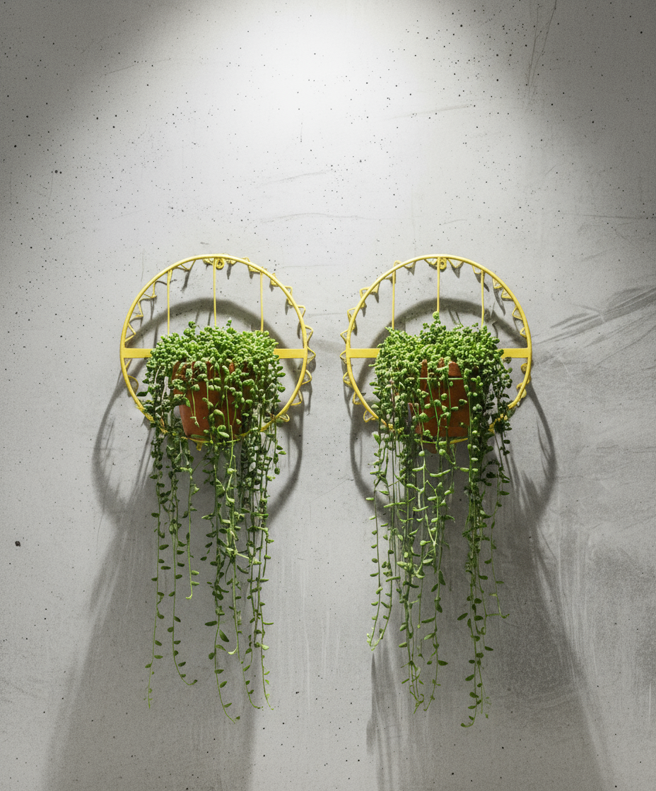 Vintage Yellow Wire Metal Wall-Mounted Basket Holders (Set of 2) with succulent plants, adding colorful decor to any space. hommes + gardens estudio.