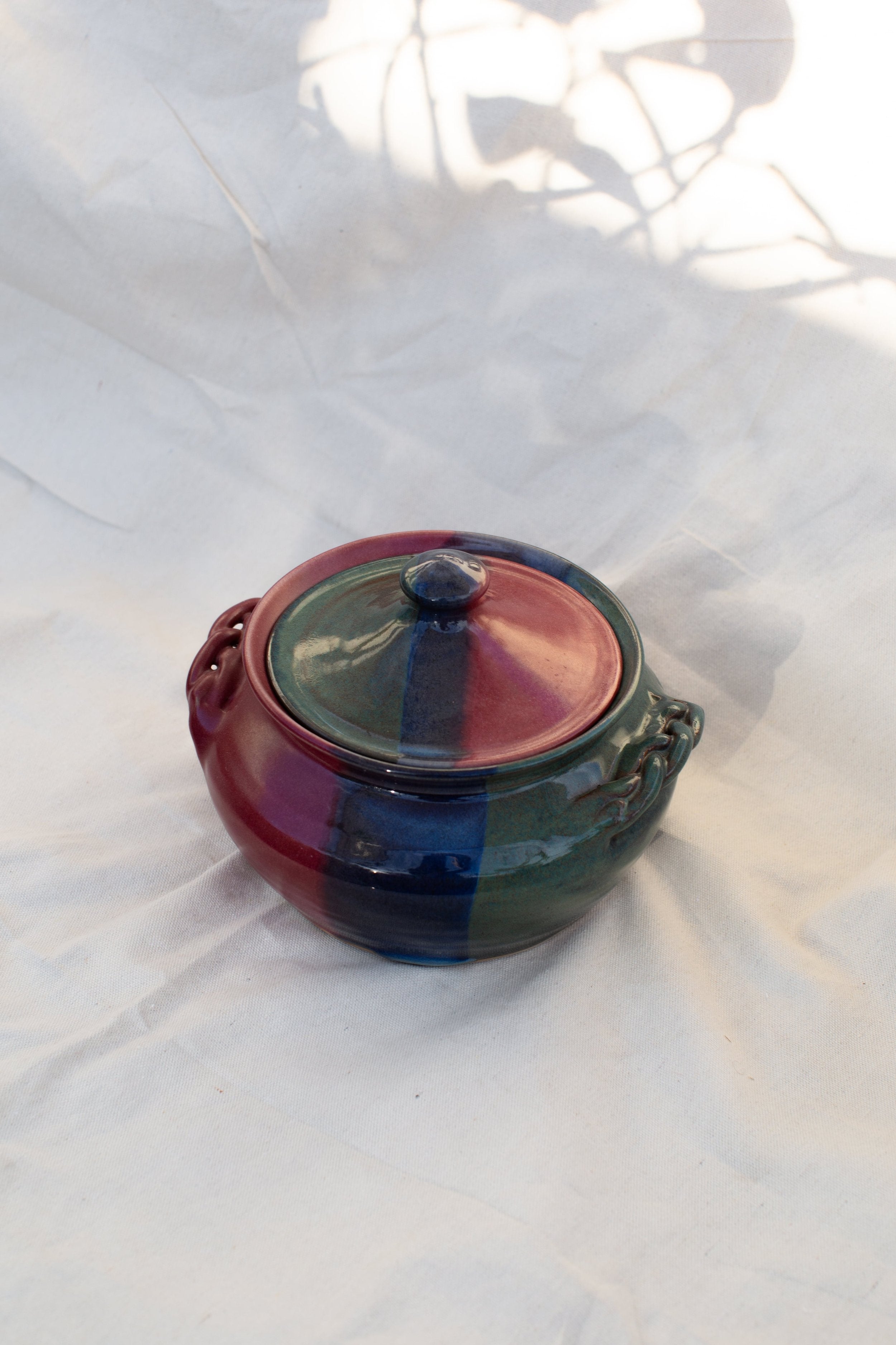 Vintage Ceramic Lidded Dish | H&G x Western Disco on a light background, showcasing its unique colors and design. hommes + gardens estudio.