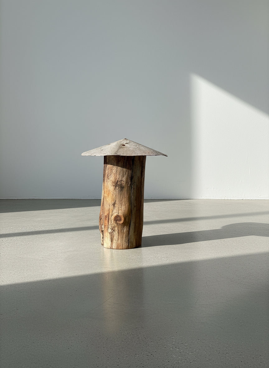 Rustic Handmade Mushroom Sculpture – Natural Log Stem with Wide Aged Metal Cap in a sunlit room. hommes + gardens estudio.