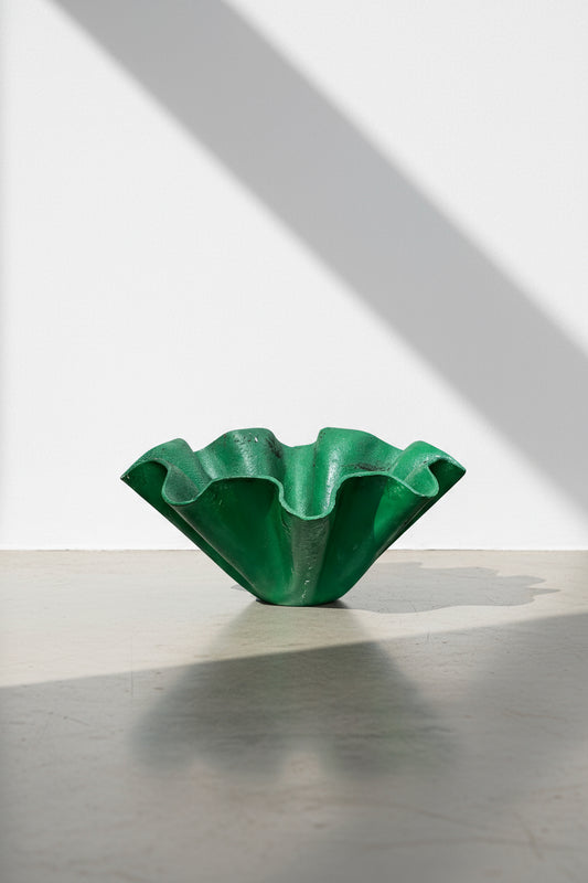 Willy Guhl style clam shell planter in bold green finish, a sculptural vintage concrete vessel blending artistic form with functional garden design — Hommes and Gardens, Pots and Vessels Collection, Vases, Planters, Designer Decor, Mid Century Modern, Vintage Concrete, Green Patina, Outdoor Living, Sculptural Home Accent, Architectural Garden Piece.