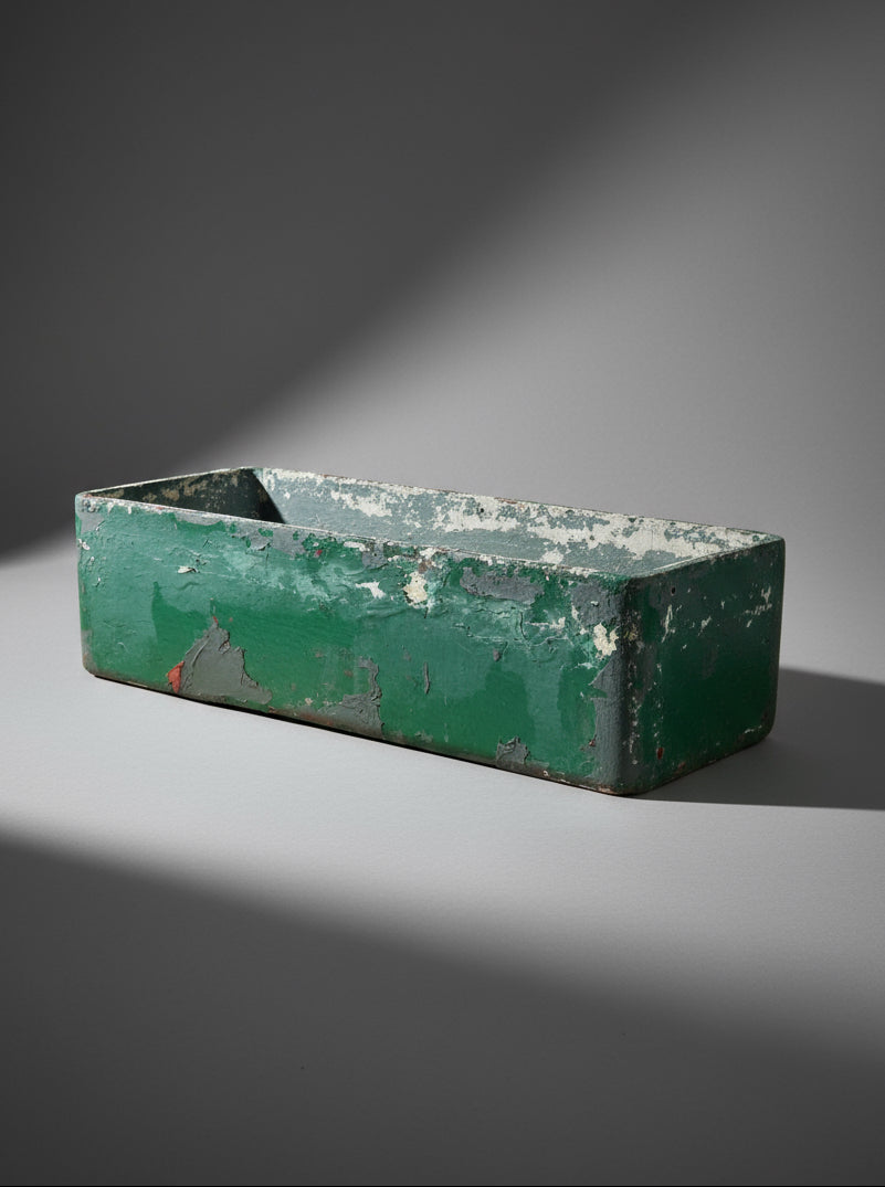 Willy Guhl Vintage Fiber Cement Planter Rectangular with Distressed Green Paint on a gray background. hommes + gardens estudio