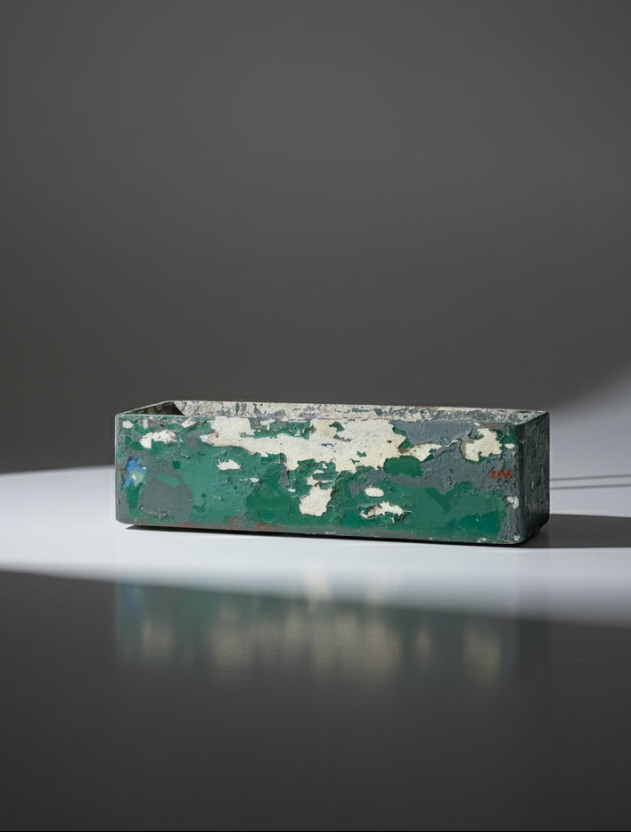 Willy Guhl Vintage Fiber Cement Planter Rectangular with Distressed Green Paint, showcasing layers of chipping paint. hommes + gardens estudio.