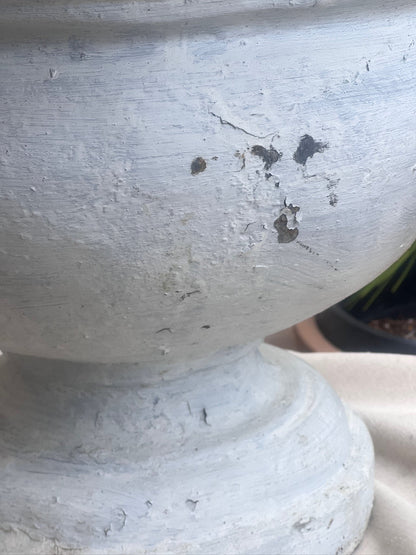 Willy Guhl vintage 21-inch urn made from fiber cement, featuring minimalist Swiss modern design and aged patina for elegant outdoor decor — Hommes and Gardens, Pots and Vessels Collection, Planters, Garden Decor, Designer Concrete, Mid Century Modern, Vintage Home Styling, Architectural Accent, Outdoor Planter, Swiss Collectible Piece.