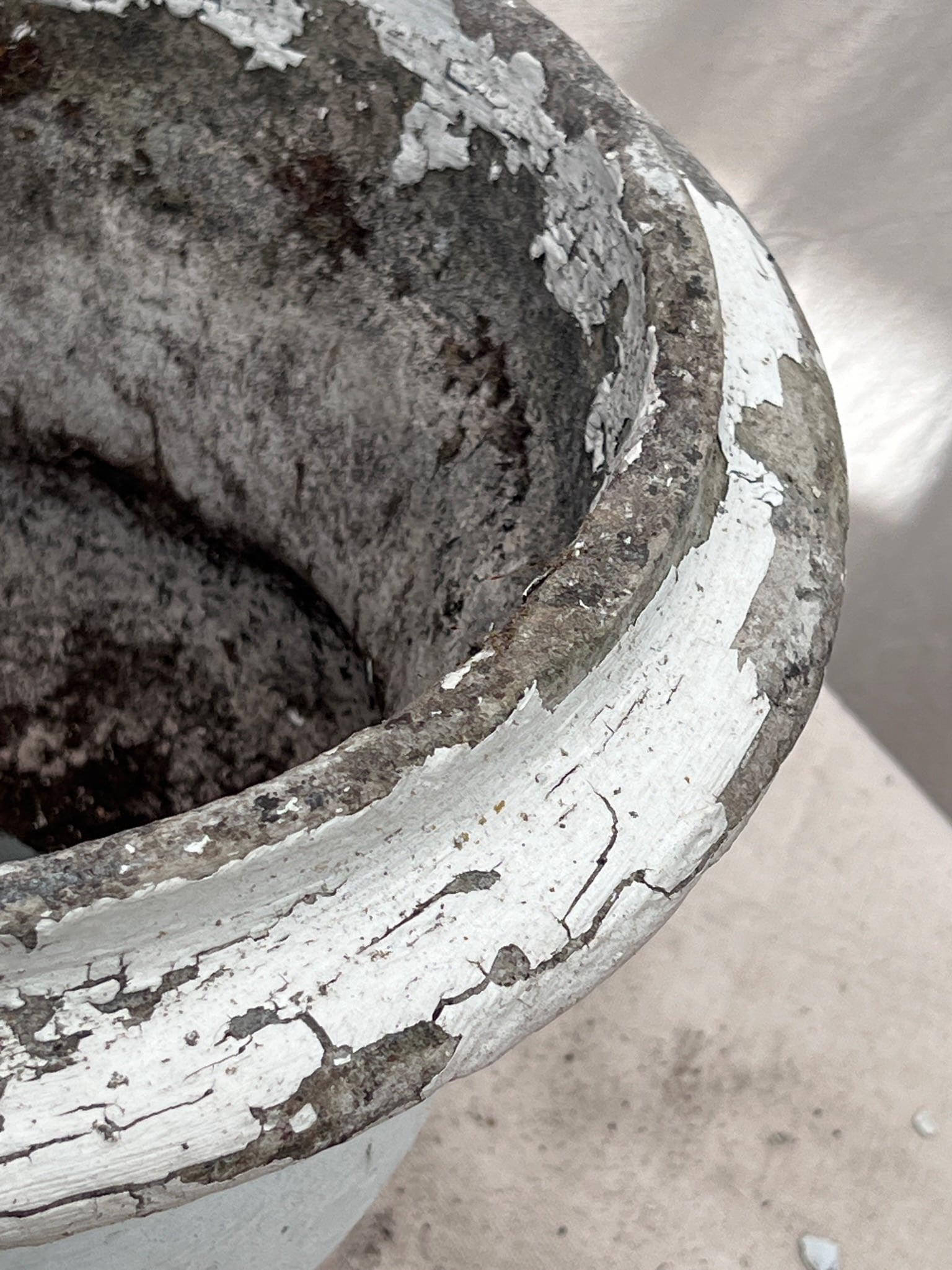 Willy Guhl Vintage Urn 12.5" with weathered patina and chipped white paint. hommes + gardens estudio.