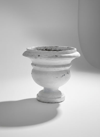 Vintage Willy Guhl white urn with distinctive weathered patina, an oversized 21-inch planter showcasing Swiss mid-century design and timeless craftsmanship — Hommes and Gardens, Pots and Vessels Collection, Planters, Garden Decor, Designer Concrete, Mid Century Modern, Vintage Swiss Design, Architectural Accent, Outdoor Living, Collectible Home Decor.