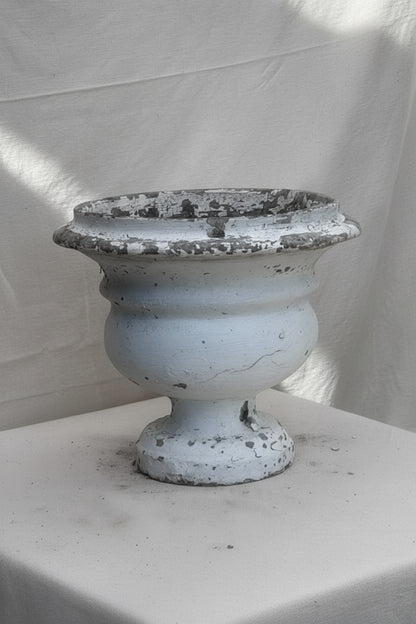 Willy Guhl vintage white urn in fiber cement with weathered patina and minimalist Swiss modernist design, collectible mid-century planter — Hommes and Gardens, Pots + Vessels Collection, Planters, Urns, Home Decor, landscape design, plant design, Landscape Architect, Interior Designer, Outdoor Living, Outdoor Decorations, Home Design, Luxury Design, Art, Furniture, Objects, Best Gifts, Nature, Backyard, Yard.