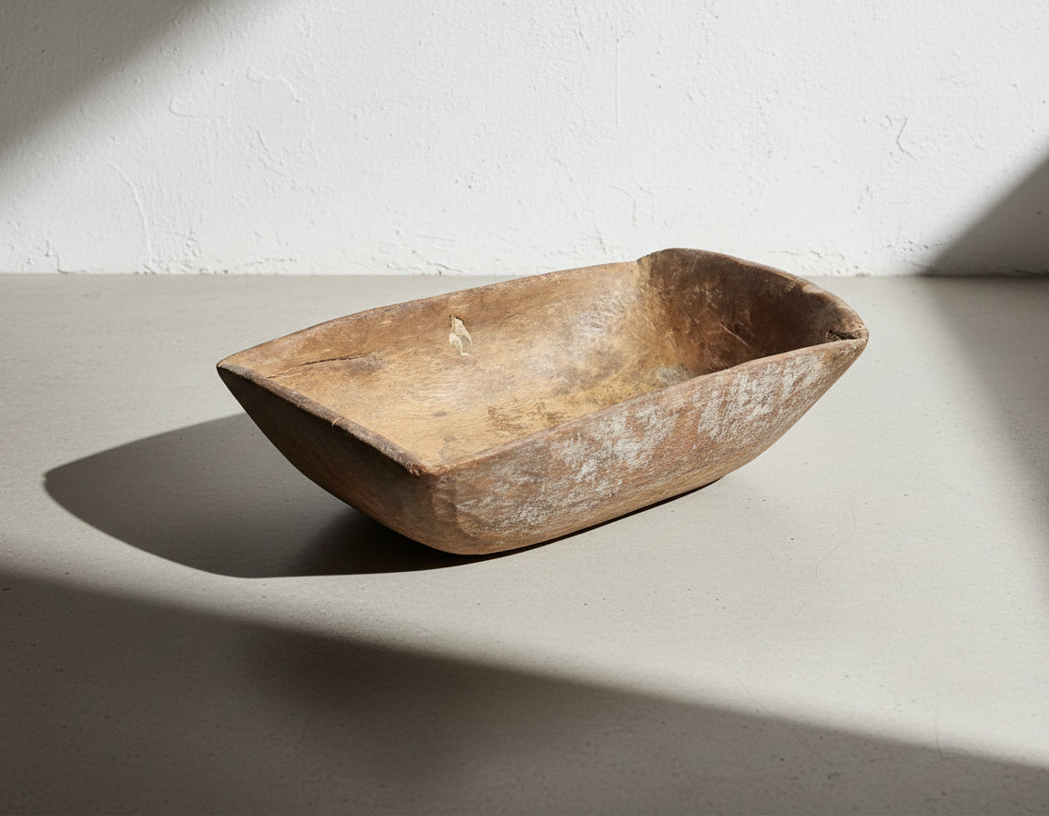 Antique Hand-Carved Wooden Dough Bowl – Primitive Rustic Trough with Early Stitch Repairs, top view showcasing aged wood and form. hommes + gardens estudio.