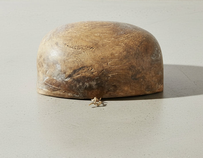 primitive wooden dough bowl with stitch repairs farmhouse decor