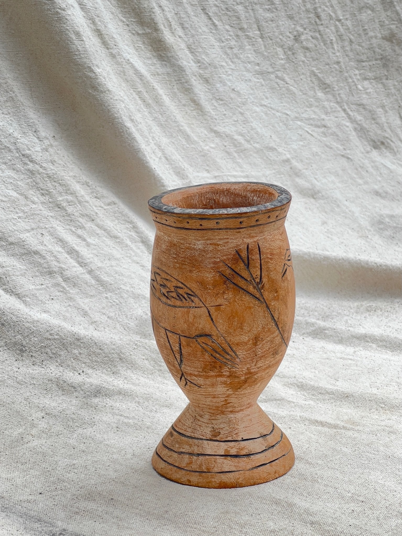 Pair of Vintage Wooden Goblets with Hand Carved Primitive Illustrations, showcasing intricate engravings, hommes + gardens estudio.
