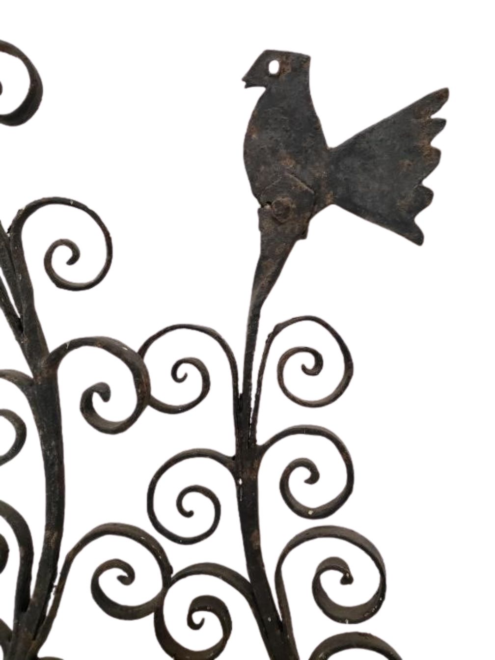 Antique 17th-Century Spanish Style Wrought Iron Wall Rack with Bird Motif close-up of bird and scrollwork details. hommes + gardens estudio.