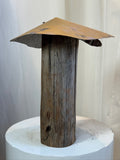 Rustic Handmade Mushroom Sculpture – Tall Log Stem with Wide Yellow-Toned Metal Cap by hommes + gardens estudio.