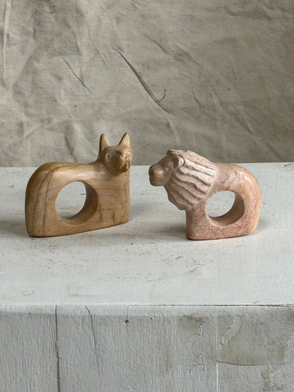 Handmade Kenyan Soapstone Cat & Lion Napkin Rings - Set of 2