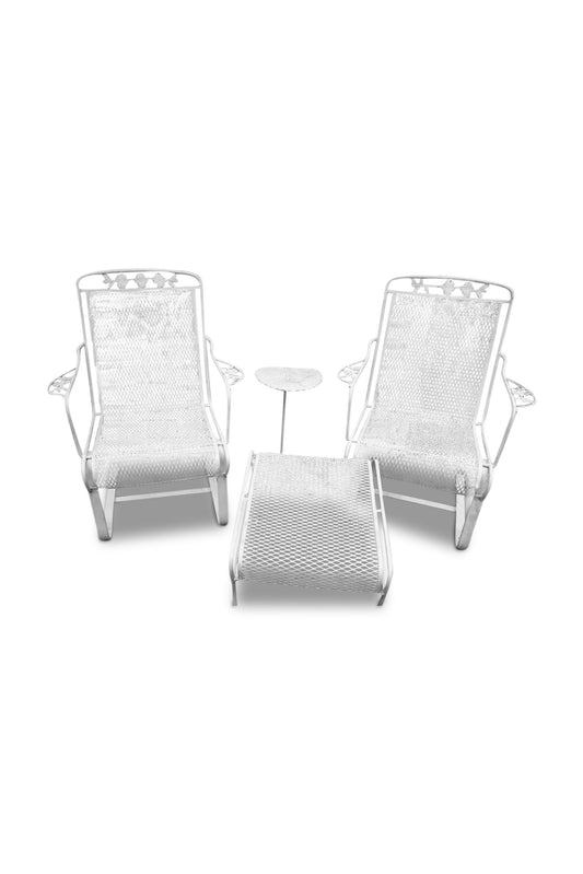 Vintage Outdoor Wrought Iron Patio Set, Dogwood Rocker Chairs, Ottoman, and Table