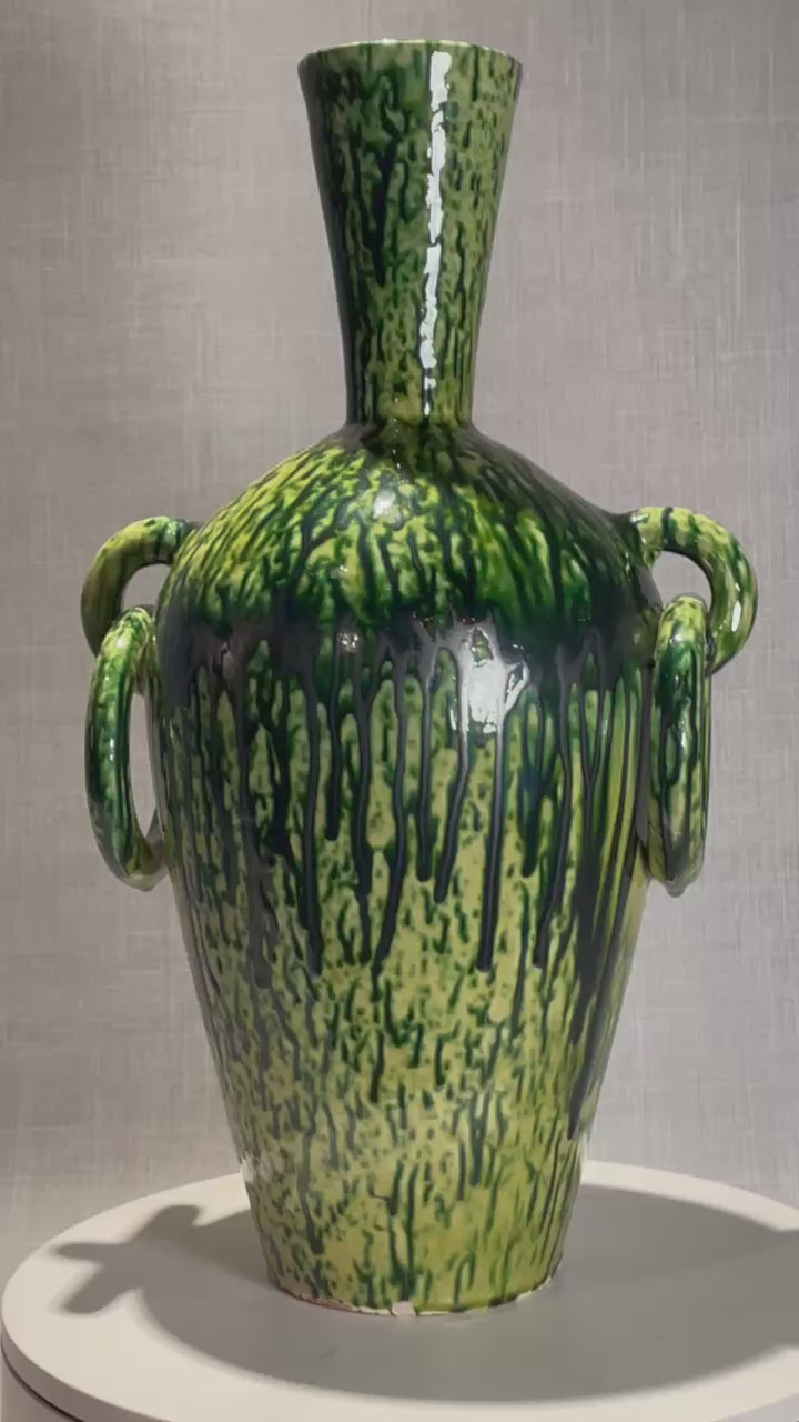 Mid-Century Modern Green and Black Drip Glazed Terracotta Vase with Double Ring Handles