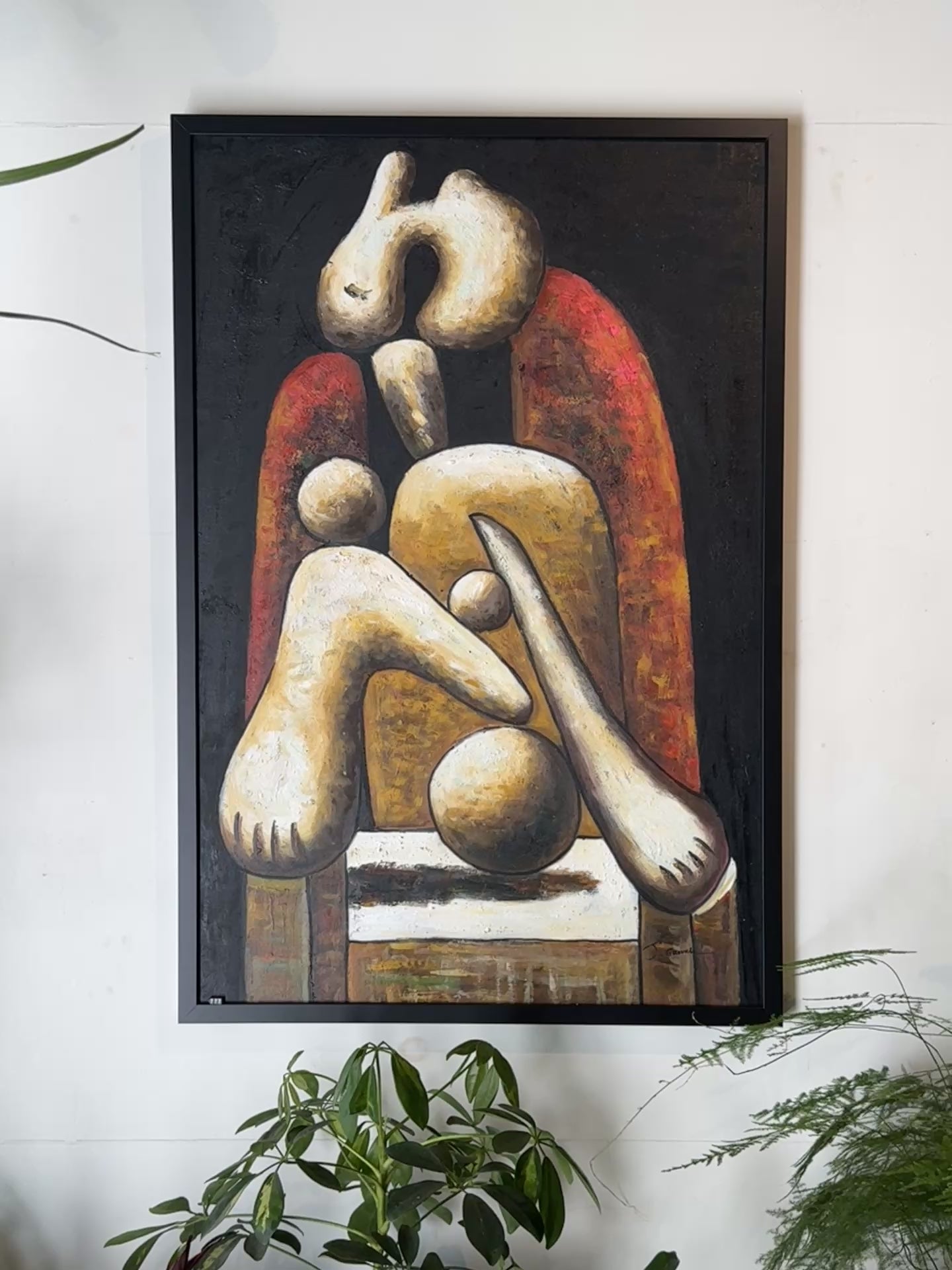 Abstract Cubist oil painting signed and framed, homage to Picasso’s “Woman in a Red Armchair,” bold modernist wall art — Hommes and Gardens, Wallscape Collection, Landscape Architect, Interior Designer, Outdoor Living, Art, Furniture, Objects, Best Gifts, Nature, Backyard, Yard, Outdoor Decorations, Home Decor, Home Design, Luxury Design.