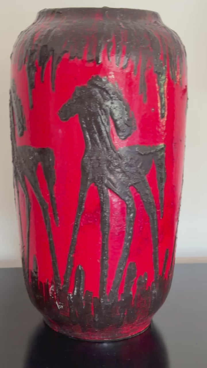 West German Red Fat Lava Horses Vase by Scheurich, 1960s