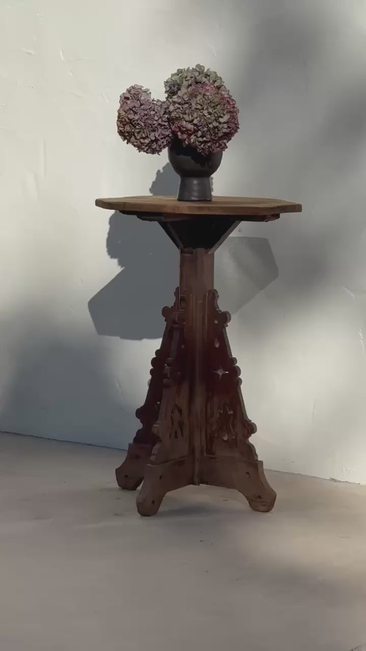 Antique Hand-Carved Gothic Revival Wooden Pedestal Side Table Late 19th Century