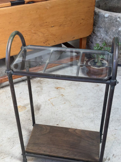 Antique Industrial Copper & Glass Entryway Stand with Wooden Shelf