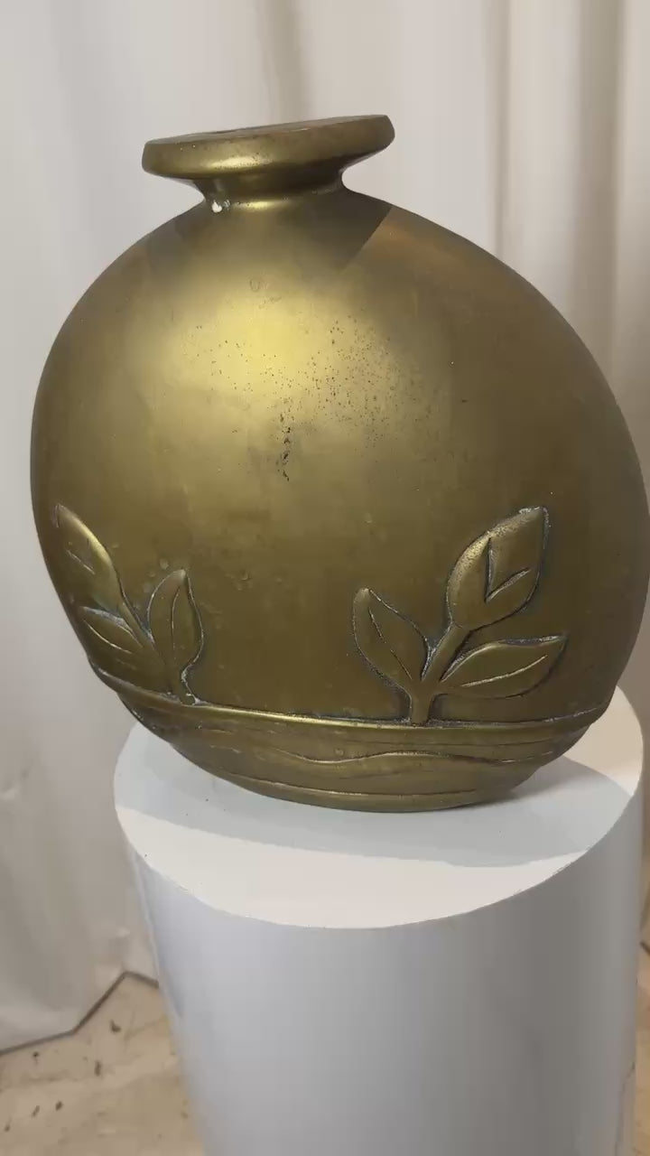 1980s Art Deco brass vase by Dolbi Cashier, embossed with botanical motifs and aged metallic patina, an elegant vintage design statement — Hommes and Gardens, Vases + Vessels Collection, Landscape Architect, Interior Designer, Outdoor Living, Art, Furniture, Objects, Best Gifts, Nature, Backyard, Yard, Outdoor Decorations, Home Decor, Home Design, Luxury Design.