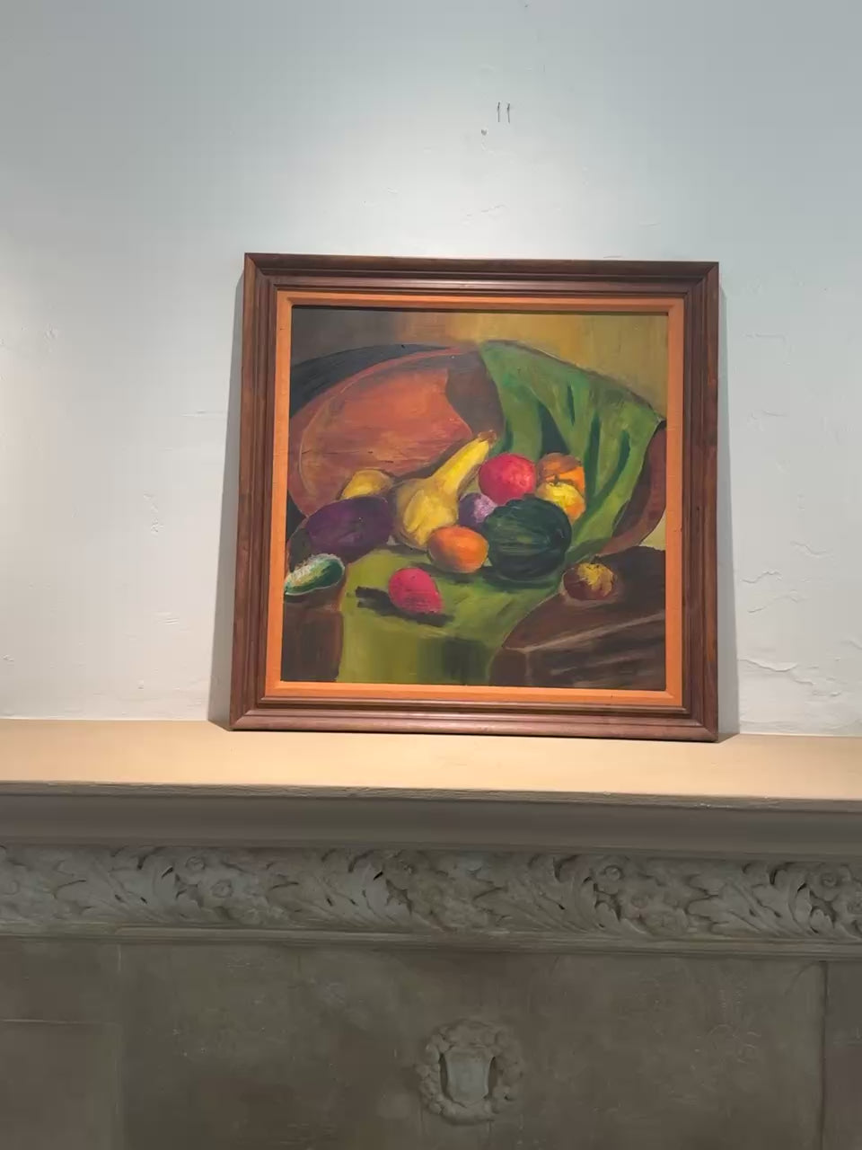 Mid-Century Modern Still Life with Fruit & Gourds – Original Oil Painting in Wood Frame