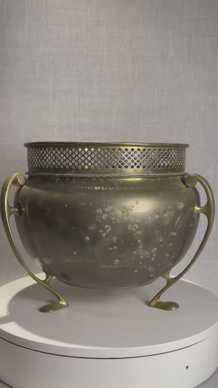 Antique Art Nouveau Brass Jardinière Planter with Pierced Gallery Rim and Stylized Handles