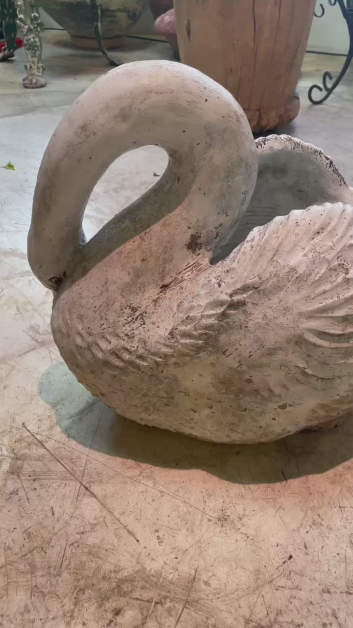 Large Vintage Concrete Swan Garden Planter with Aged White Patina