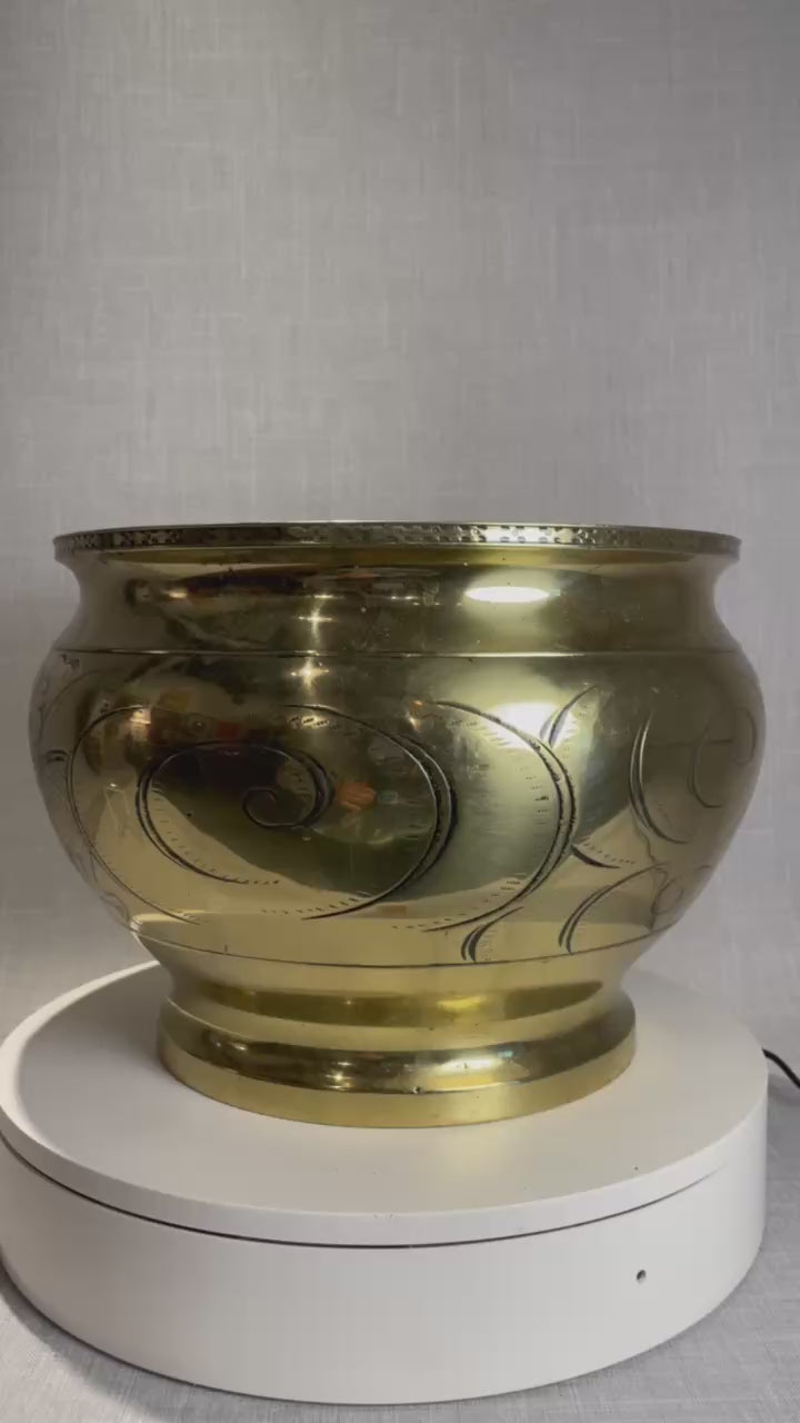 Vintage Chinese Brass Jardinière Planter with Hand-Etched Dragon Motif