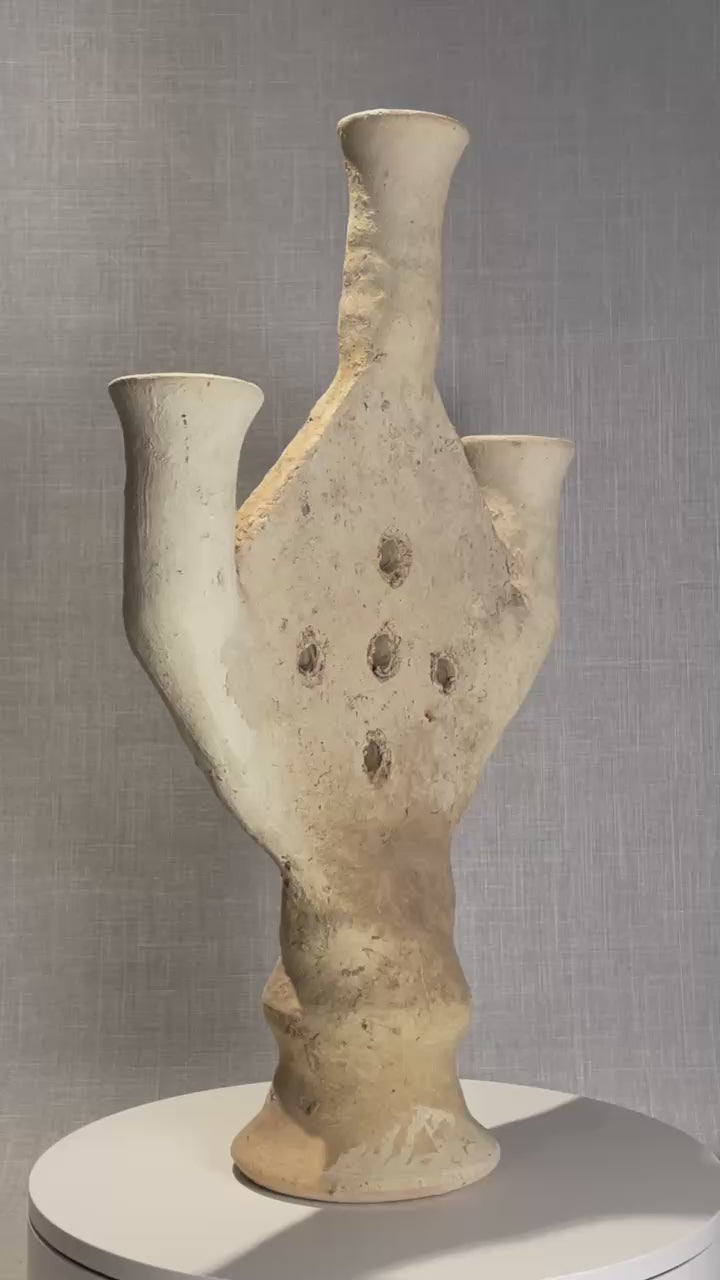Rare Antique Multi-Spouted Terracotta Ritual Vessel with Pedestal Base