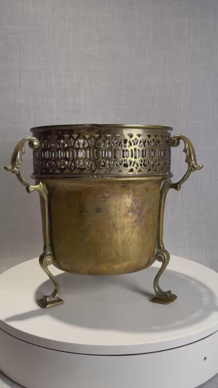 Ornate Antique Brass Jardinière with Pierced Gallery, Scrolled Handles, and Cabriole Feet