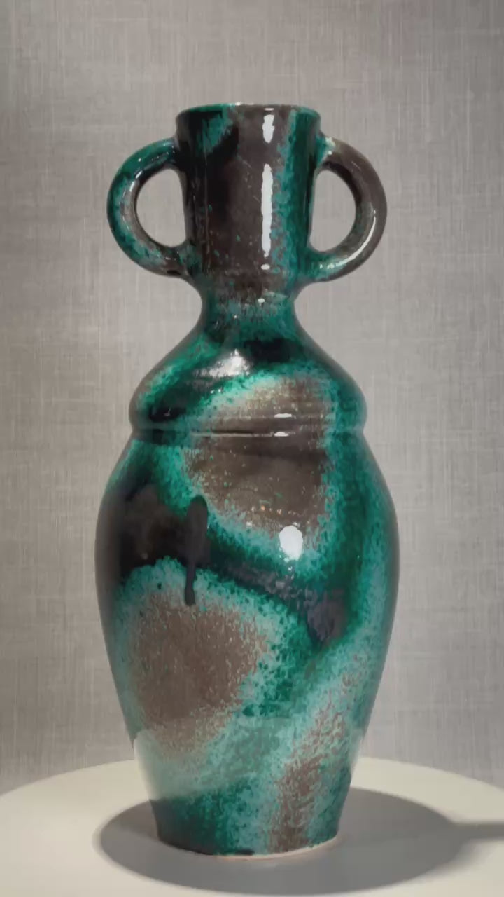 Striking Mid-Century Modern Twin-Handled Studio Pottery Vase with Drip Glaze
