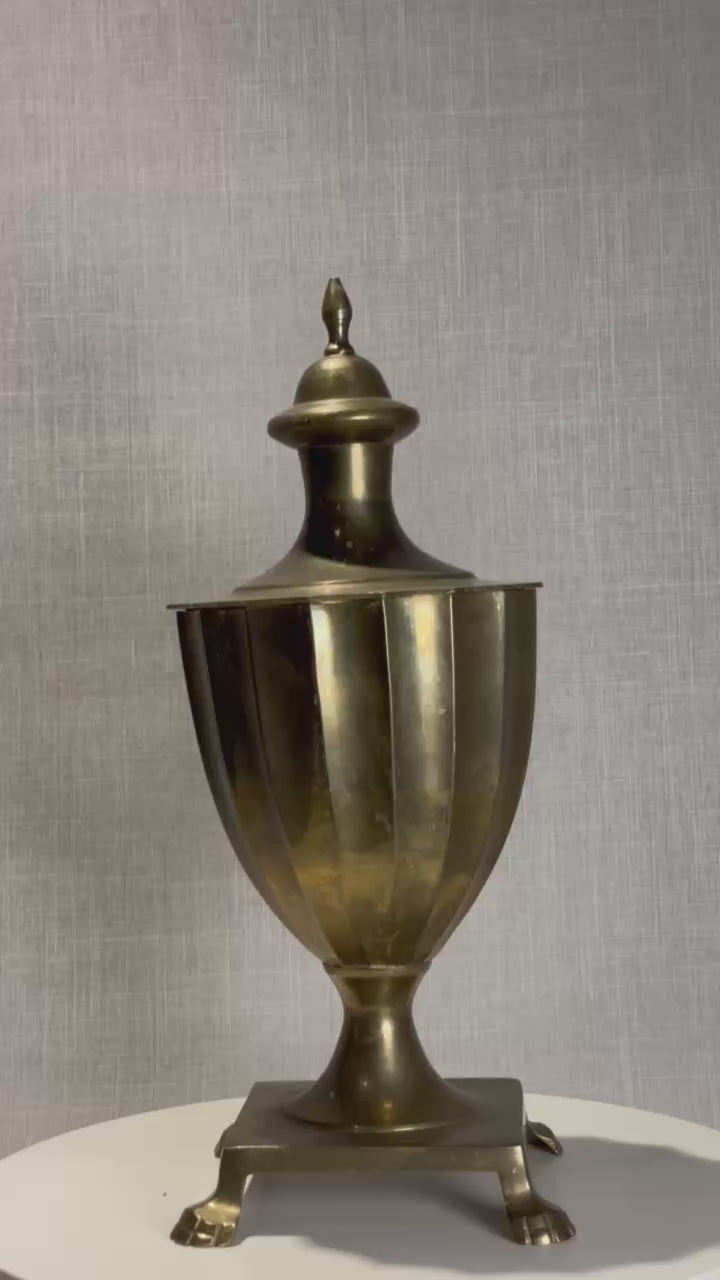 Vintage Neoclassical Brass Lidded Urn with Fluted Body and Paw Feet