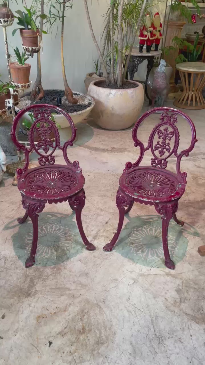 Pair of Antique Victorian Cast Iron Garden Chairs with Pierced Medallion Backs