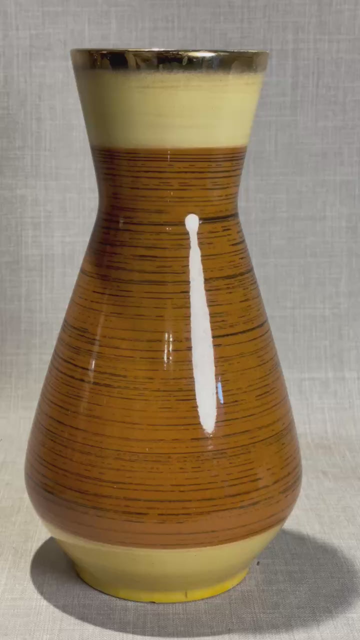 Mid-Century West German Scheurich 1218-25 Pottery Vase in Ochre and Caramel Horizontal Stripe Glaze
